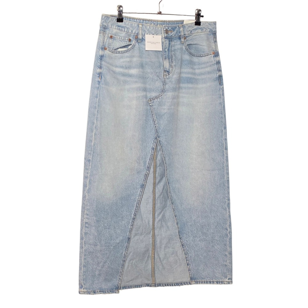 NEW American Eagle Womens 8 Low-Rise Maxi Skirt Light Wash Denim Front Slit